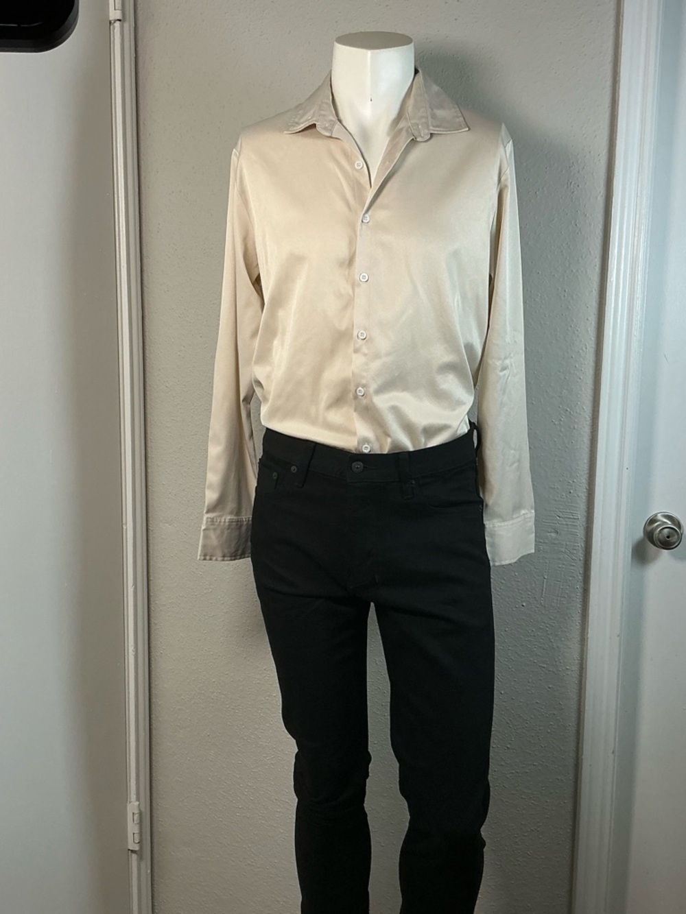 SHEIN Men's Long-Sleeve Satin Button-Up Shirt in Light Beige - Picture 8 of 9